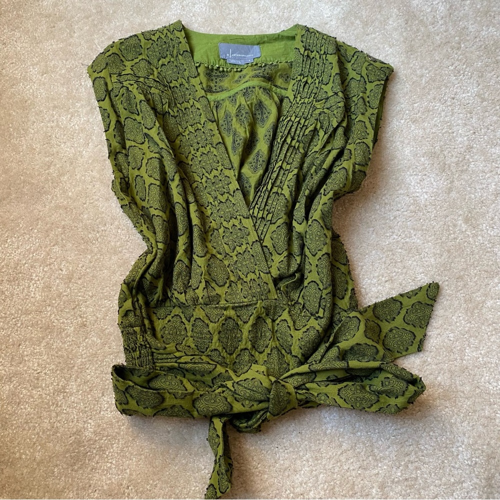 Anthropologie 100% Cotton Olive Green Bohemian Brocade Textured Top Sz Small